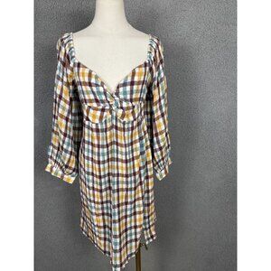 Roxy Juniors' Women's V-Neck Peasant Mini Dress Plaid Multicolor Size XL NWTs